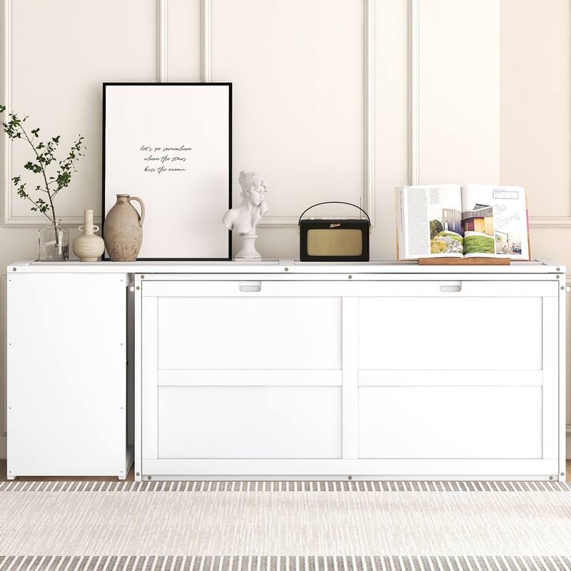White Queen Murphy Bed in Pine Wood & MDF with Rotating Desk and Storage Shelves - White