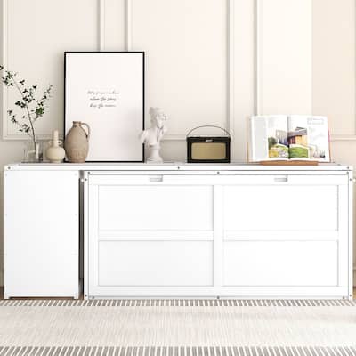 White Queen Murphy Bed in Pine Wood & MDF with Rotating Desk and Storage Shelves