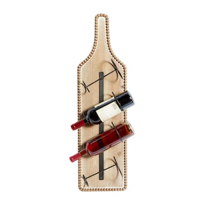 Wood Bottle Shaped 4 Bottle Wall Wine Rack with Beaded Frame - Brown - Roche River Decor - 5"W x 9"L x 32"H