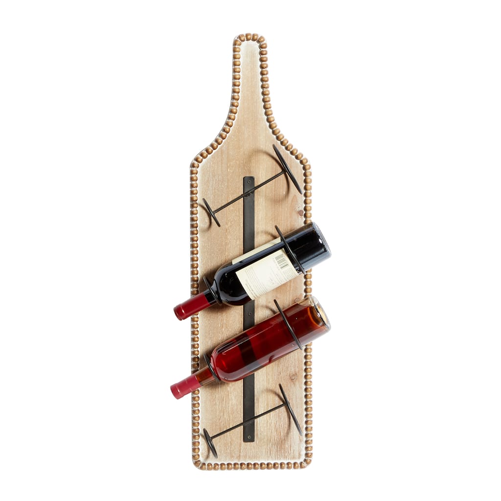 Wood Bottle Shaped 4 Bottle Wall Wine Rack with Beaded Frame - Brown - Roche River Decor - 5"W x 9"L x 32"H