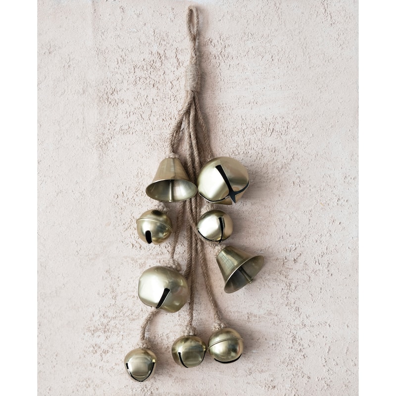 Metal Bell Cluster with Jute Rope - Gold