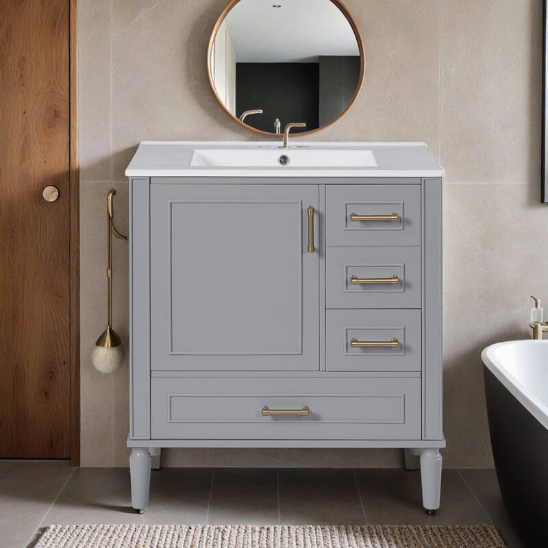 Bathroom Vanity with Ceramic Sink, Soft-Close Door with Built-in Shelf, Deep Drawer, Standard Drawer, Long Divider Drawer - Gray