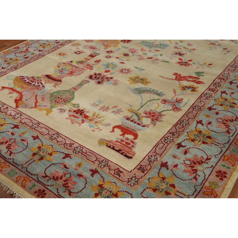 Pictorial Art Deco Indian Area Rug Handmade Wool Carpet - 8'1" x 10'1"