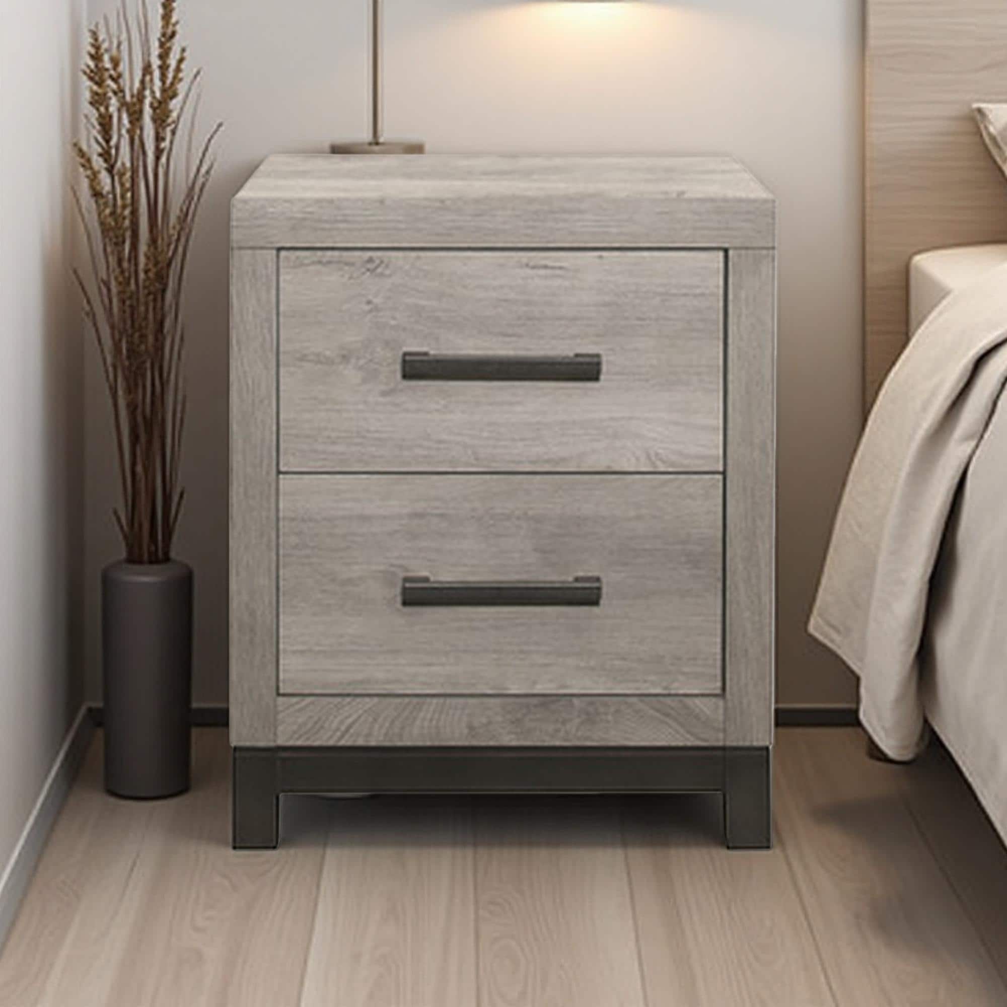 20"L Classic 2-Drawer Nightstand with Engineered Wood Frame, Metal Handles, and Smooth-Glide Drawers