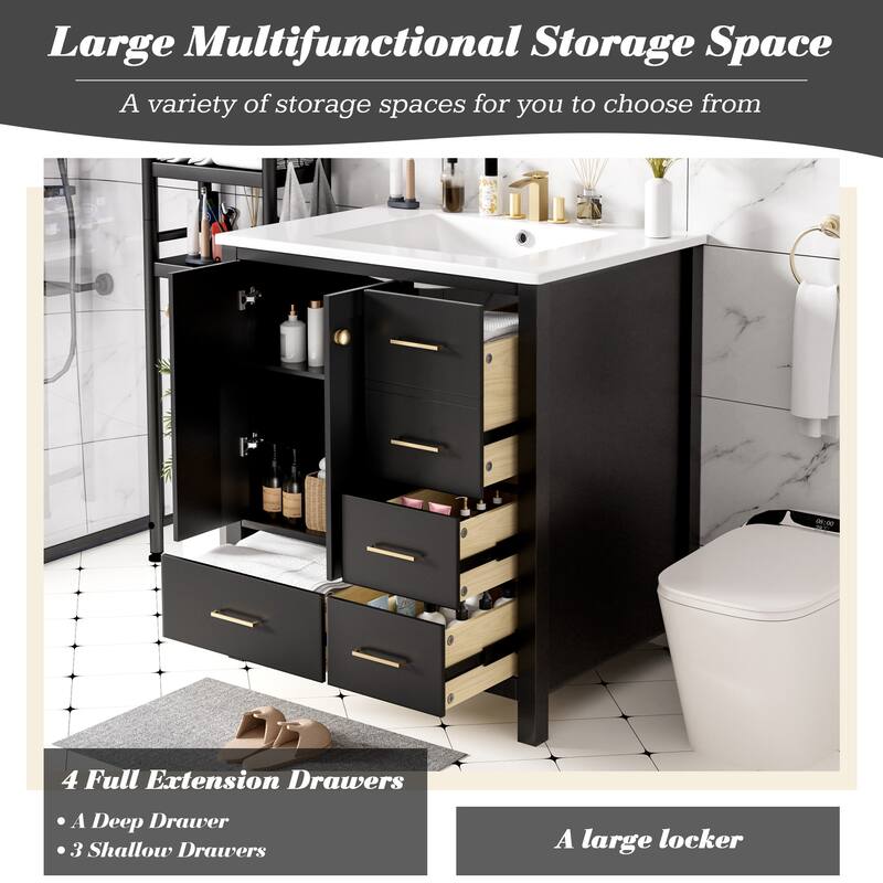 30" Freestanding Bathroom Vanity with Ceramic Sink, Solid Wood Frame & 4 Drawers for Ample Storage