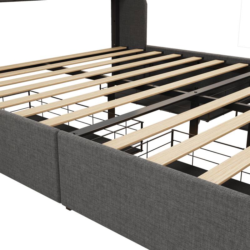 Full Size Platform Bed with LED,4 Under-bed Portable Storage Drawers and Wings Designed Headboard