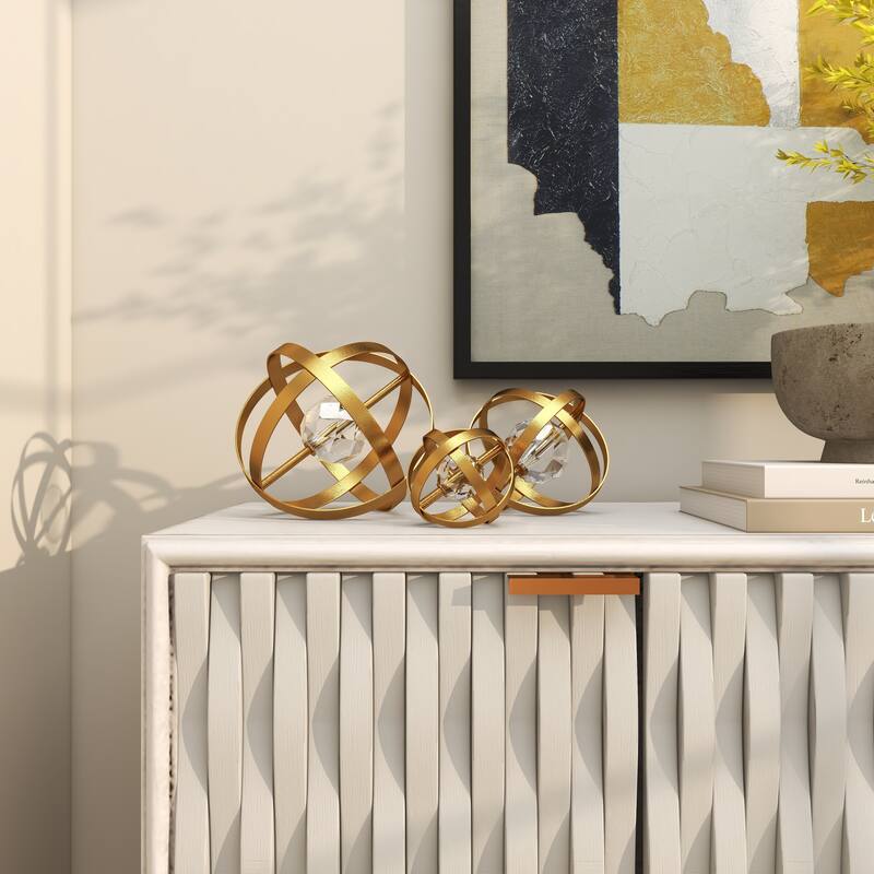 Metal Geometric Orb Decorative Sculpture with Acrylic Center - Set of 3 Gold or Silver - Roche River Decor
