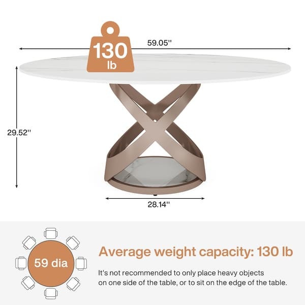 59" Round Dining Table for 8-10, White Sintered Stone Tabletop - Bed ...