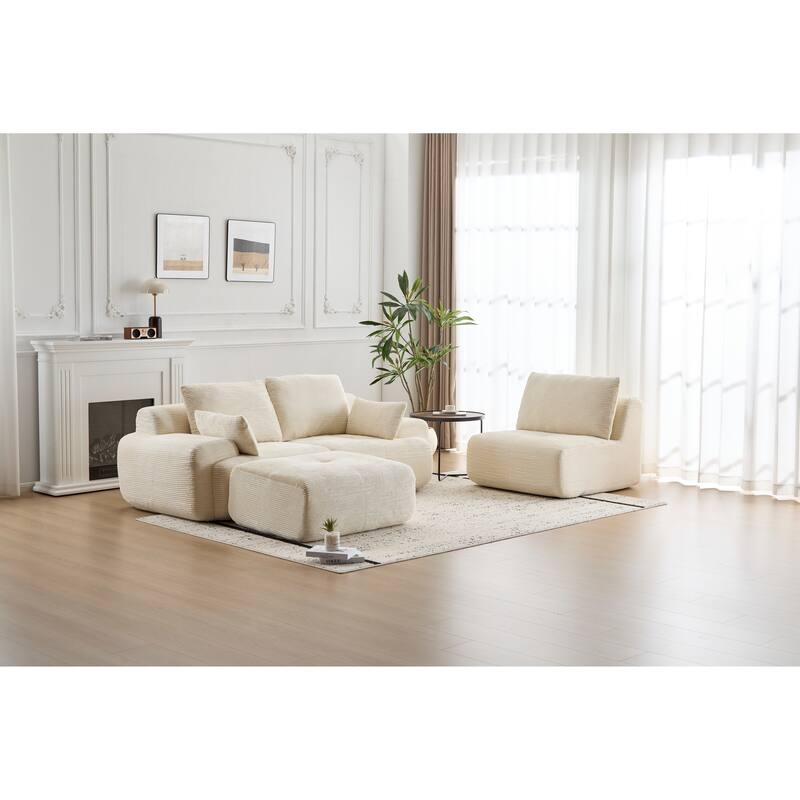 L Shaped Modular Sectional Sofa with Ottoman, Corduroy Upholstered Cloud Sofa, Compressed Sofa with Cushions & Throw Pillows