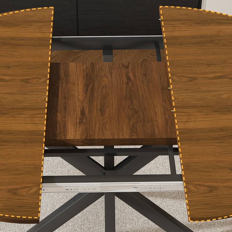 42" to 58" Extendable Round Dining Table, Modern Wood Veneer Top & Carbon Steel X-Base