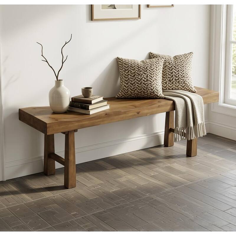 55" Rustic Solid Wood Entryway Bench, Wave-Top Design, Easy Assembly