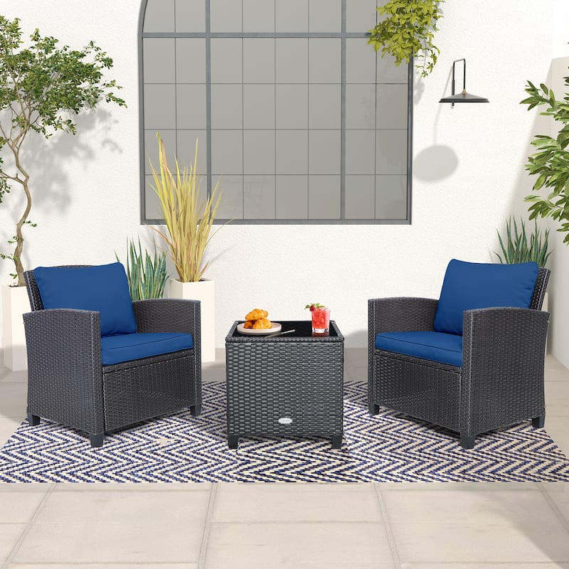 3 Pieces Rattan Patio Furniture Set with Washable Cushion - Chair: 26.5" x 26.5" x 30"
