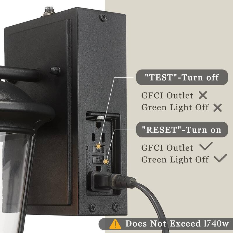 Dusk to Dawn Outdoor Wall Lighting with Built-in GFCI Outlet with Clear Glass, Die-Cast Aluminum in Black Finish