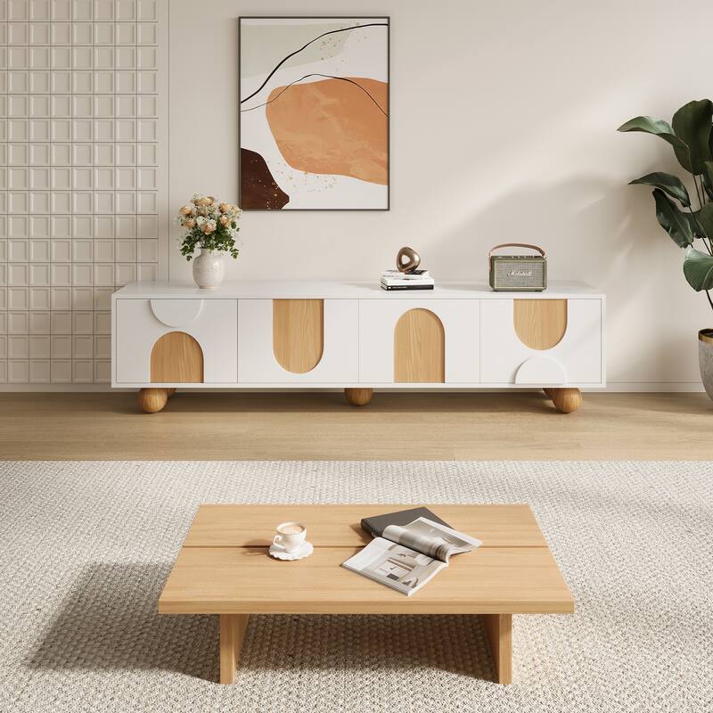 78.74'' Modern White Wood TV Stands with Storages, Mid Century Media Console for Livingroom, Cream White & Natural Wood - 78.74"