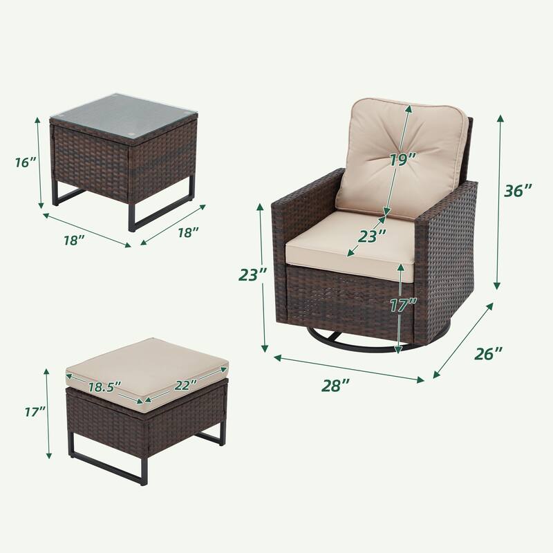 AVAWING 5 PCS Outdoor Wicker Swivel Rocking Chairs with 2 Ottomans and 1 Side Table