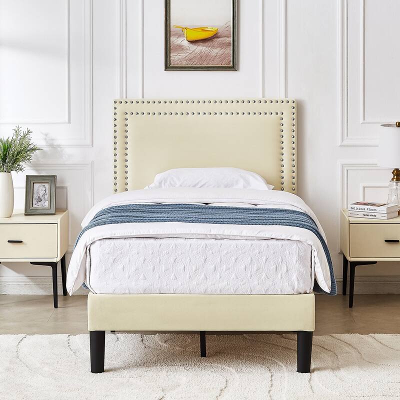 2 Pcs Upholstered Twin Size Platform Bed with Adjustable Headboard