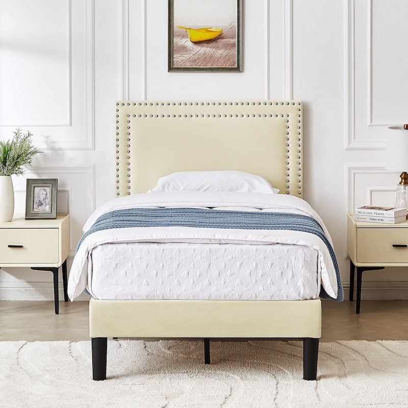 VECELO Upholstered Bed Frames with Height Adjustable Headboard - Beige - Twin