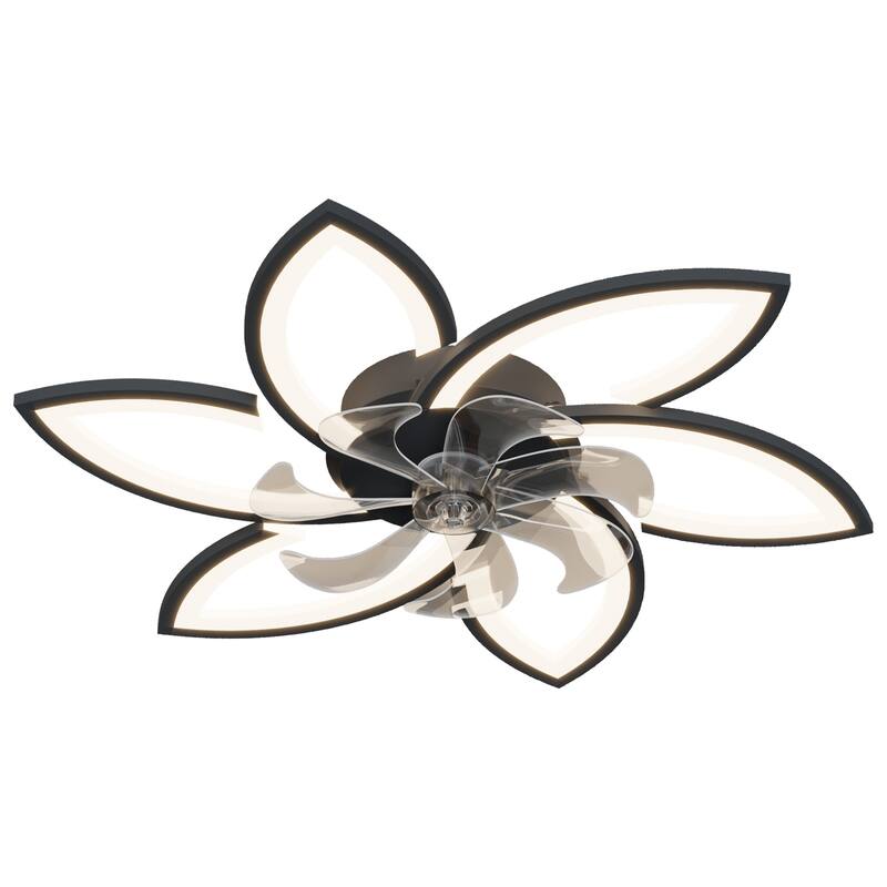 Indoor Flush Mount Ceiling Fan with Flower Shaped LED Light and Remote Control, Reversible Inverter Silent Copper Core Motor - Black