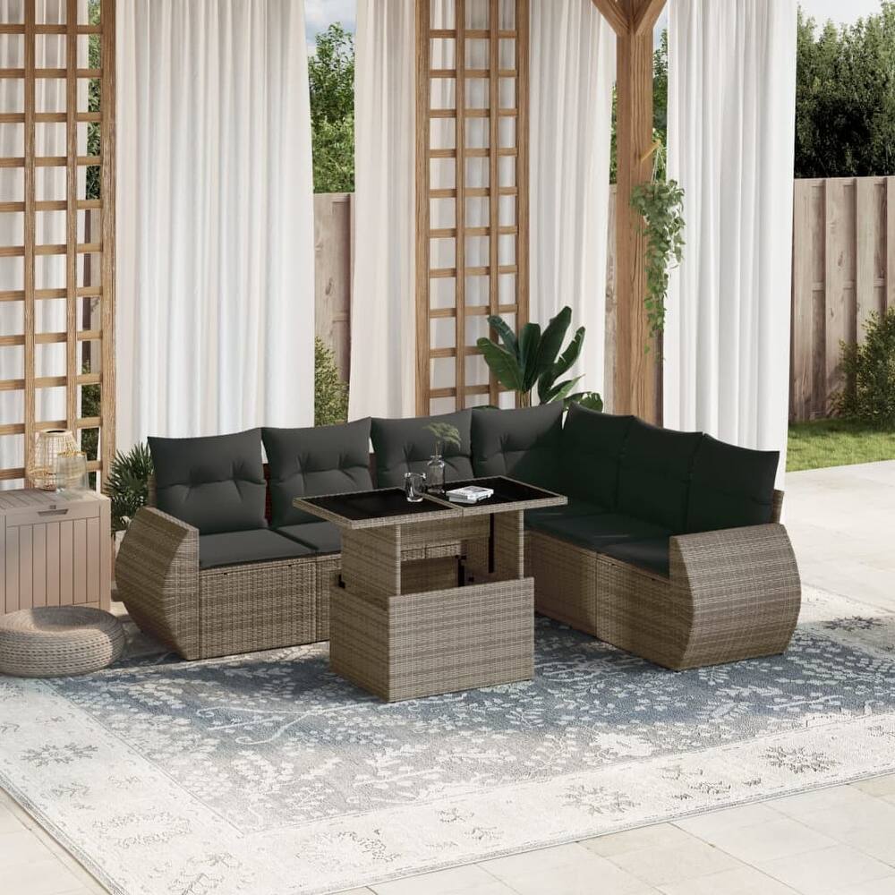 vidaXL Patio Sofa Set with Cushions Outdoor Furniture 7 Piece Poly Rattan - 21.7 x 39.4 x 28.7