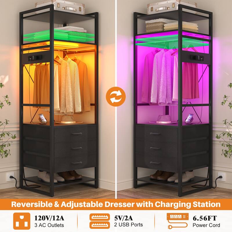 75 '' Tall Garment Rack with 3 Fabric Drawers, 4-Tier Clothing Rack with Power Outlets & LED Lights