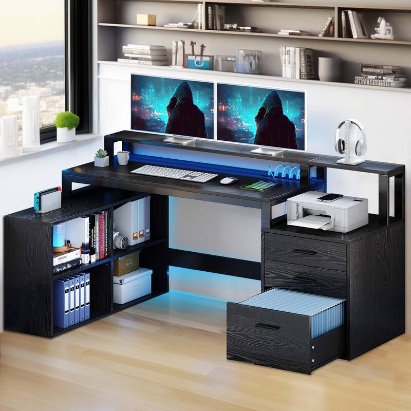 Moasis 65-inch L Shaped Computer Office Desk with Cabinet Drawers Gaming Desk w/Power Outlets & LED Lights