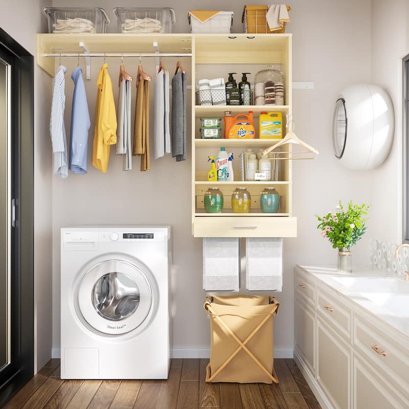 60'' Wall-mounted Closet System with Hanging Rods, Clothing Organizer with Tower Shelves for Laundry Room