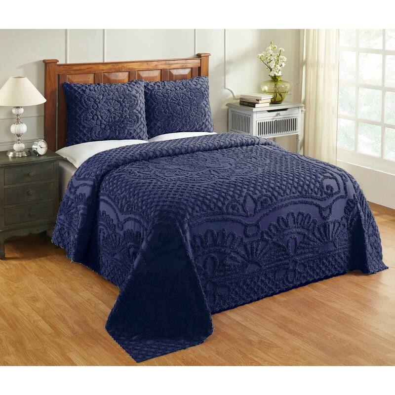 King Wedding Ring Tufted Chenille Bedspread - Blue