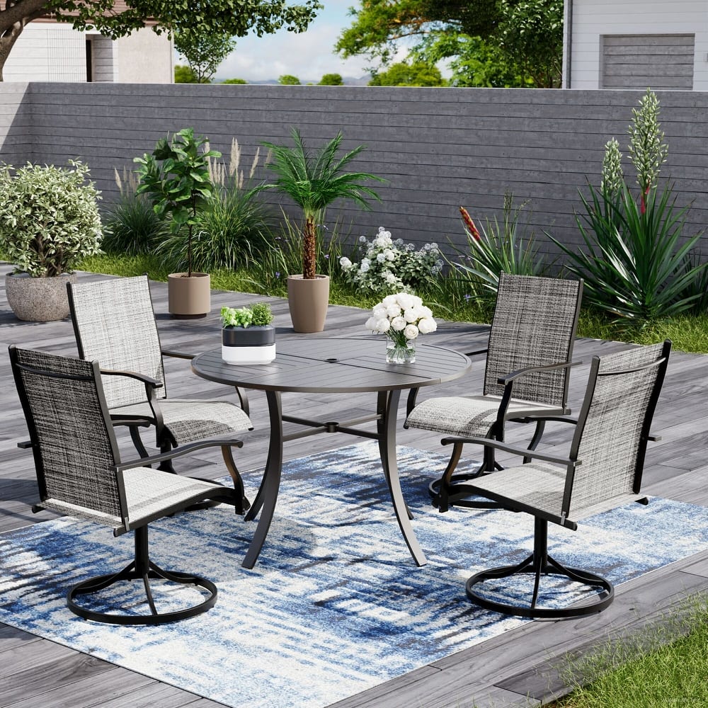 Patio Dining Set with Textilene Chairs / Swivel Rockers, Table w Adjustable Umbrella Hole