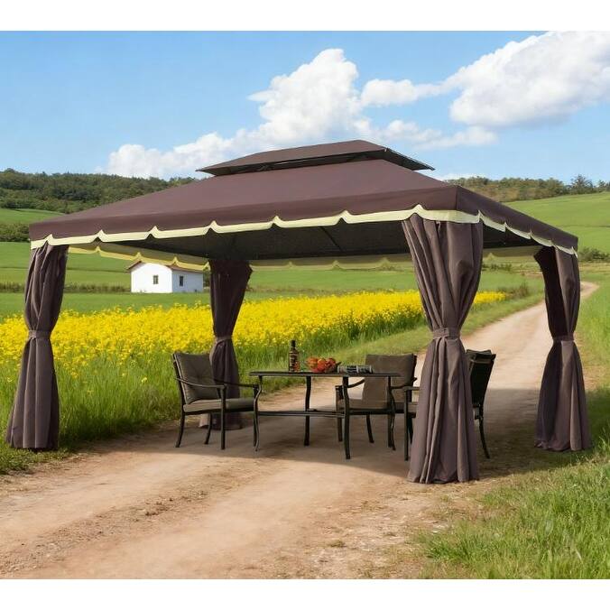 GDFStudio - 12.8'x9.5' Aluminum Frame Double Roof Patio Gazebo with Curtains & Netting