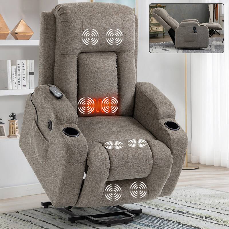 Grey Power Lift Recliner with Massage, Heat & Cup Holders