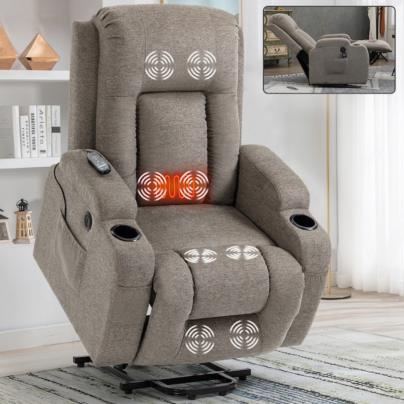 Massage Heat Power Lift Recliner Chair, USB Port, Dual Cup Holders - Brown - Polyester