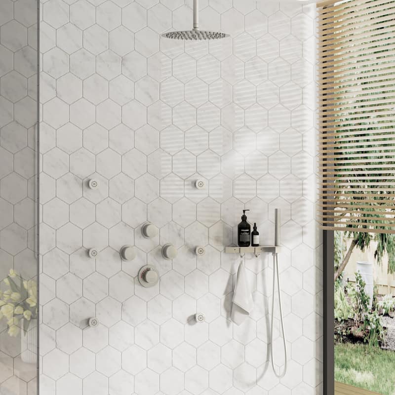 CASAINC Thermostatic 12 inch Rainfall Showerhead with Handheld Spray & 6 Body Jets Set(Can All Run Together) Rain Shower System