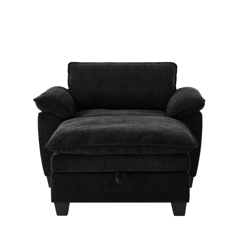 Cloud Lazy Chaise Lounge, Single Sofa Chair & Storage Ottoman Set of 2, Oversize Chenille Upholstered Lounge Sleeper Sofa