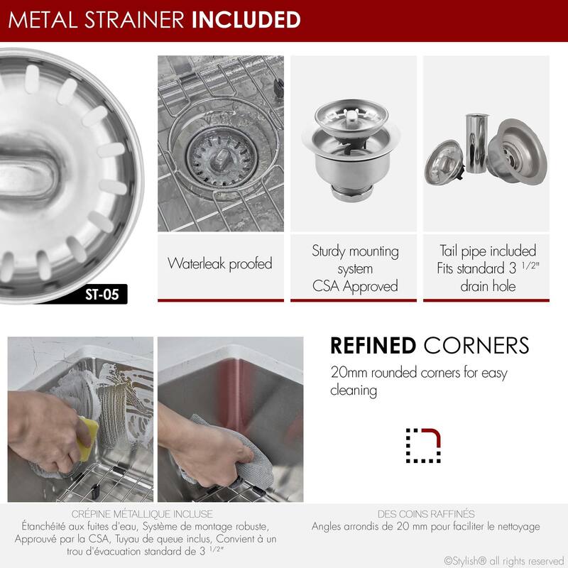STYLISH Dual-Mount 31" Single-Bowl Stainless Steel Kitchen Sink with Grid and Strainer - 31" x 18" x 9"