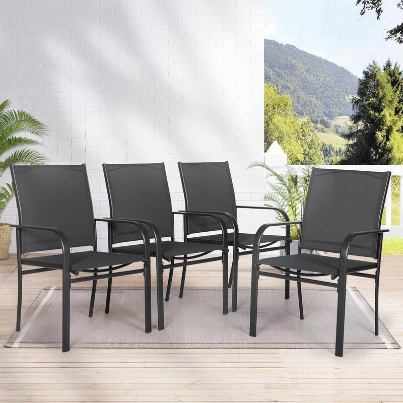 Outdoor Patio Dining Chairs Set of 4, Metal Frame Textilene Fabric Chairs with Armrest - Black