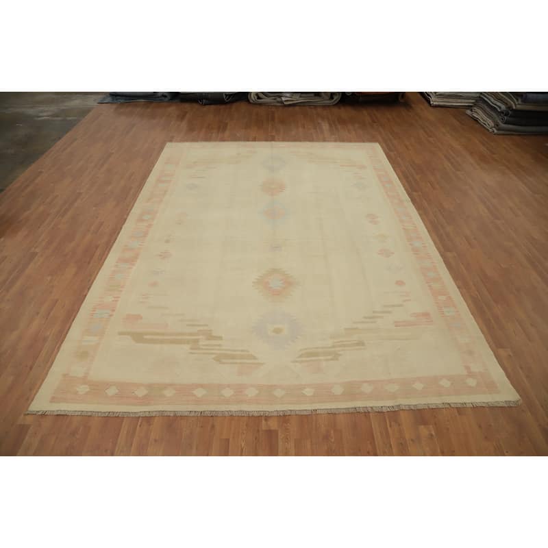 Hand Woven Oriental 100% Wool Carpet Southwestern Tribal Beige & Ivories Kilim Area Rug - 11' 11'' X 9' 0''