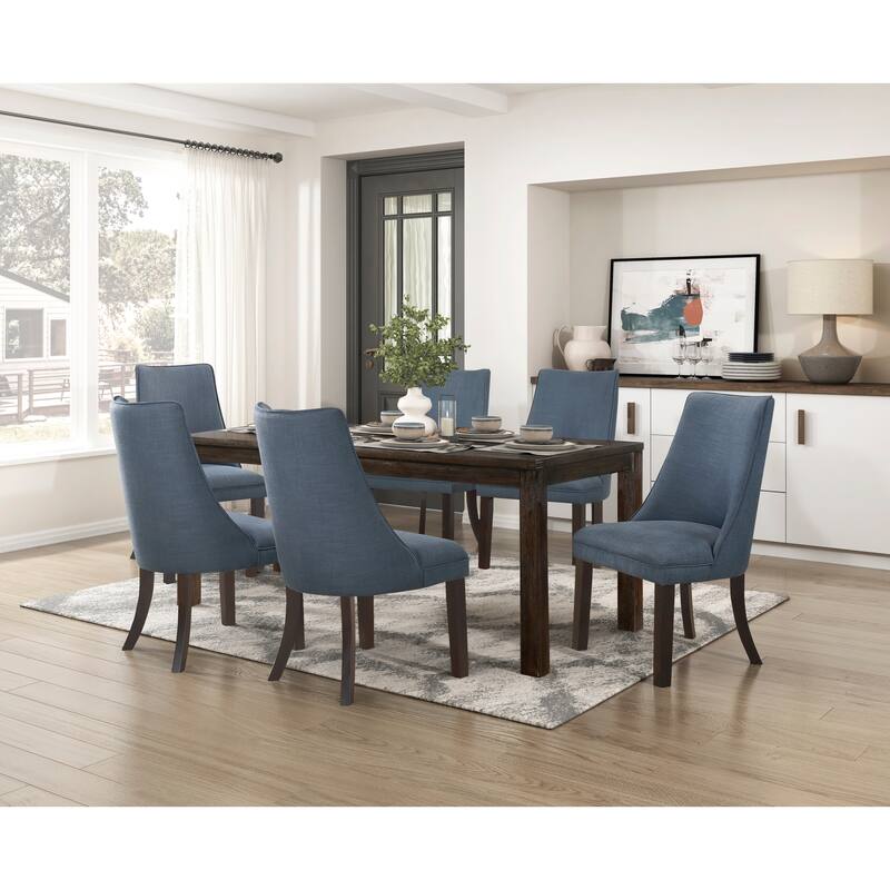 Blue Textured Fabric Upholstered Side Chairs Set of 2, Dark Walnut Finish Wooden Legs Modern Dining Kitchen Furniture