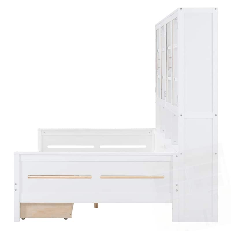 Wooden Daybed with Glass-Door Storage Cabinets Built-in LED Lighting and Shelves