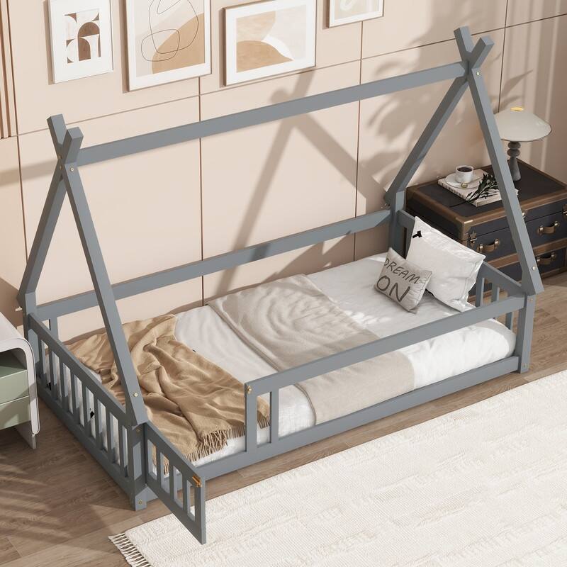 Twin Size Tent-shaped Floor Bed with Guardrails,Slats and Door