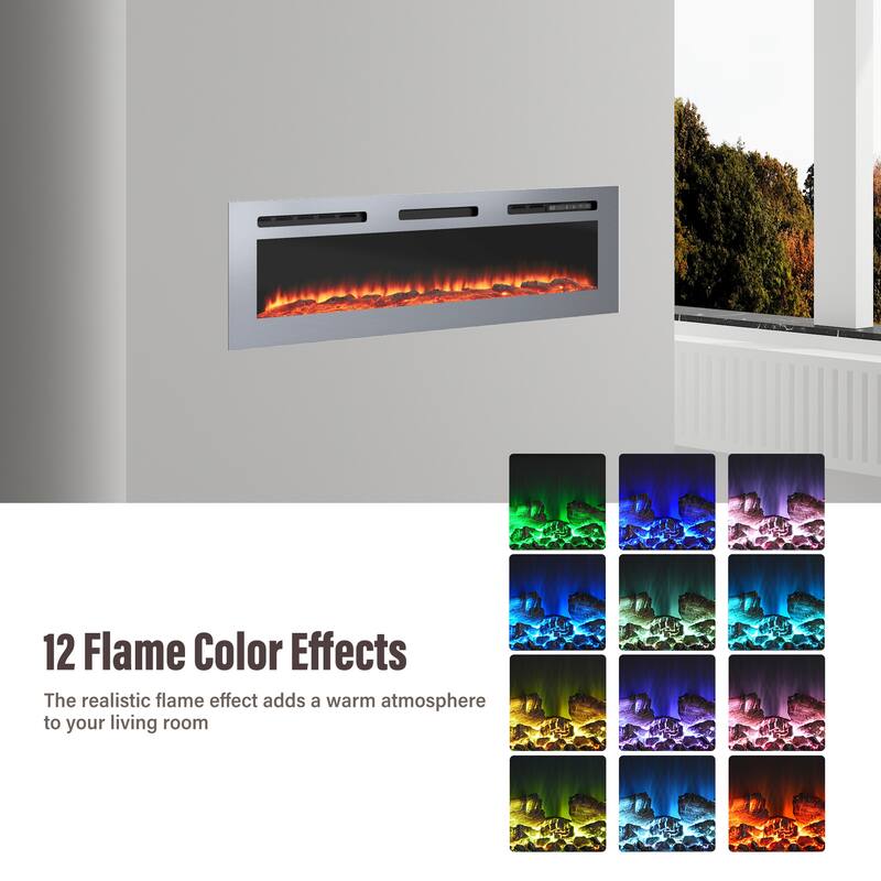 Wall Mounted & Recessed Electric Fireplace with 12 Flame Colors, Stainless Steel Electric Fireplace