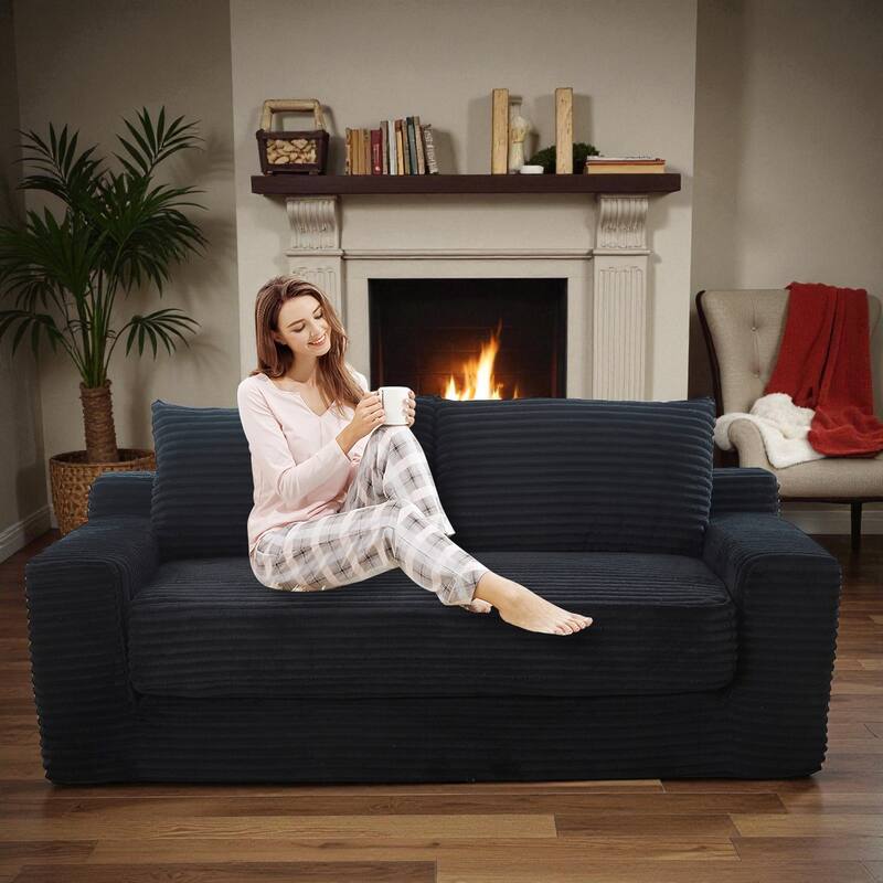 Convertible Memory Foam Loveseat Sofa Bed, No-Assembly Corduroy 2-in-1 Couch with Steel Frame for Small Spaces