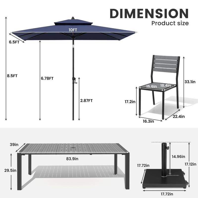 9/11-Piece Outdoor Dining Set Aluminum Table and Stackable Chairs w/10 ft Umbrella and Base