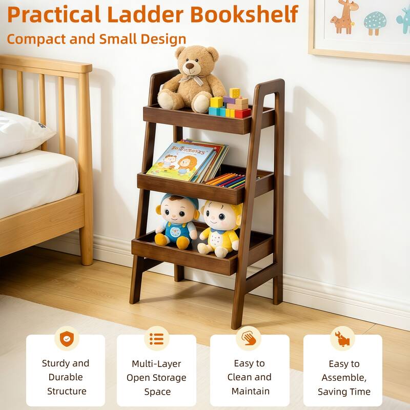 Anmytek Solid Wood 3 Tier Ladder Shelf Walnut Freestanding Open Storage Bookshelf and Display Rack for Home Office Space Saving