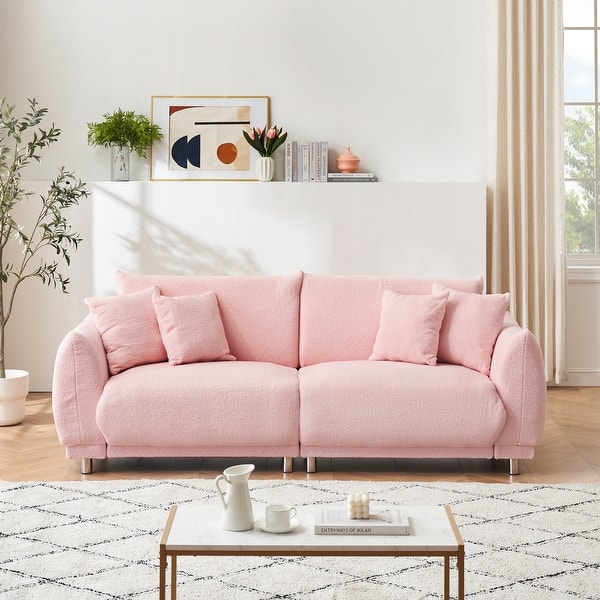 86.6 inch teddy fleece pink sofa with four throw pillows and hardware feet can sit comfortably in an apartment bedroom - On Sale - Bed Bath & Beyond