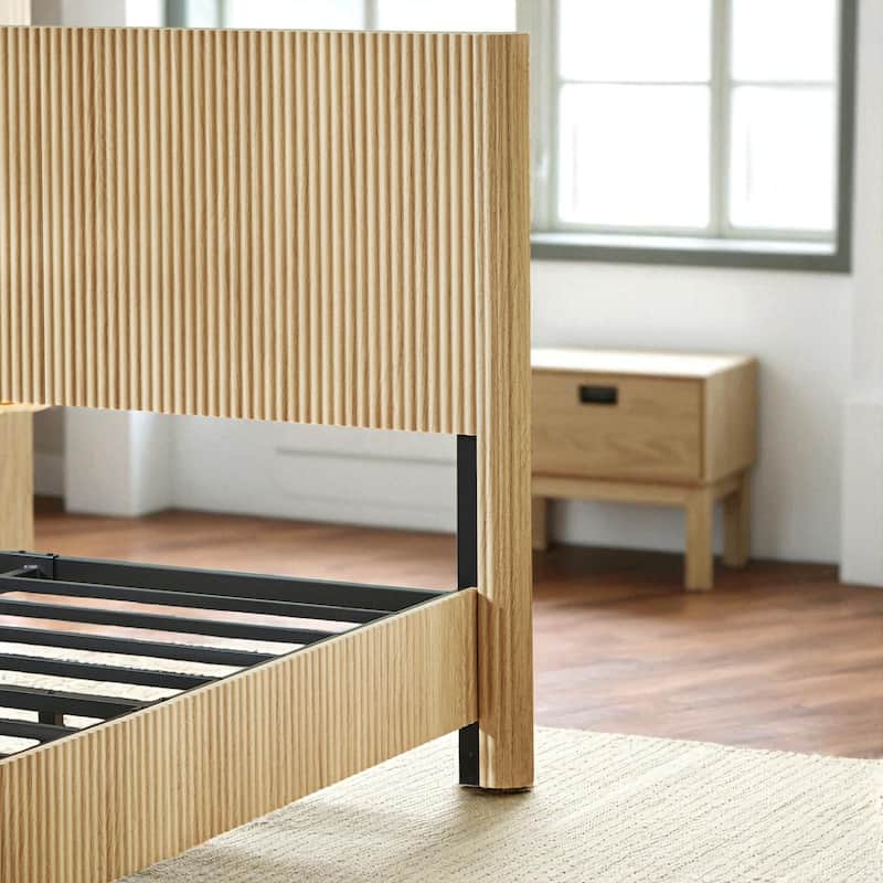 Queen Size Wooden Bed Frame with Corrugated Curved Headboard, Heavy-Duty Metal Support, No Box Spring Needed