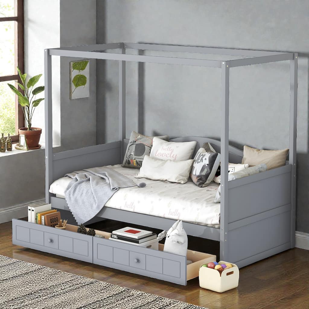 Twin Size Wooden Canopy Daybed with 2 Storage Drawers, Solid Pine Wood Frame with Backrest, Space Saving Design