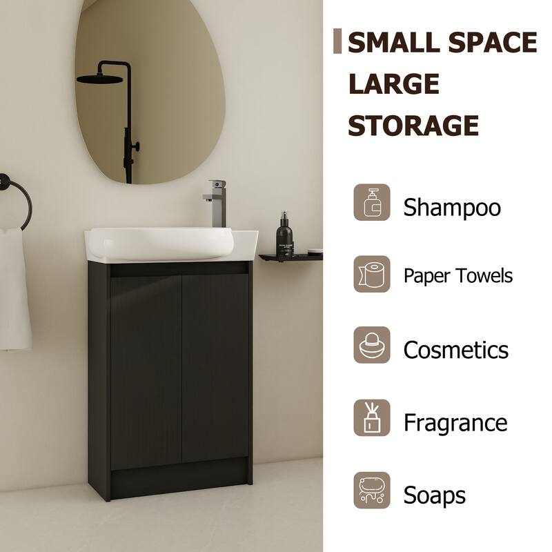Compact Bathroom Vanity with Sink, Oval Single Ceramic Sink Bathroom Cabinet for Small Bathroom - Black Chestnut - 22.8 Inch