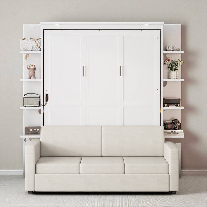Queen Size Murphy Bed with Sofa, Space-Saving Wall Bed, Easy Pull-Out Design - White - Queen