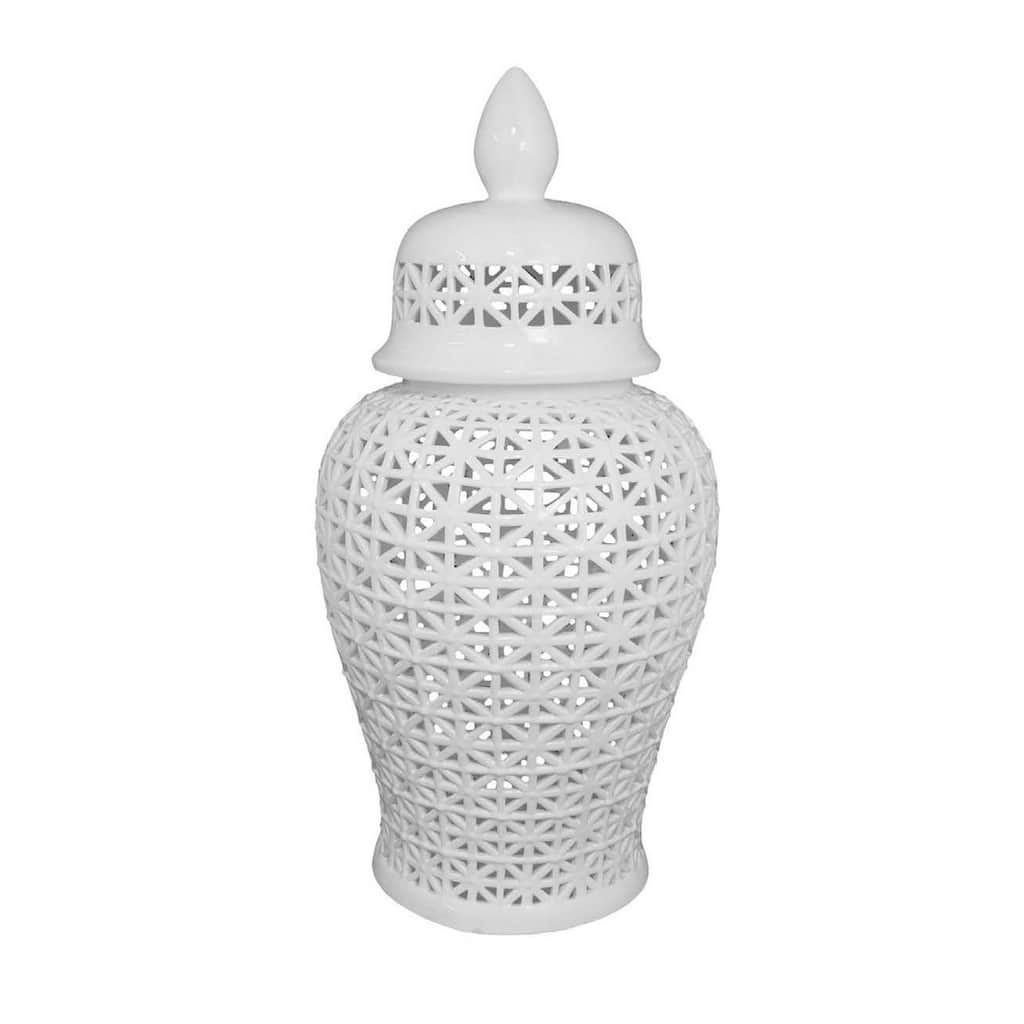 Paul 34 Inch Pierced Temple Jar with Lid, Intricate Pattern Ceramic, White
