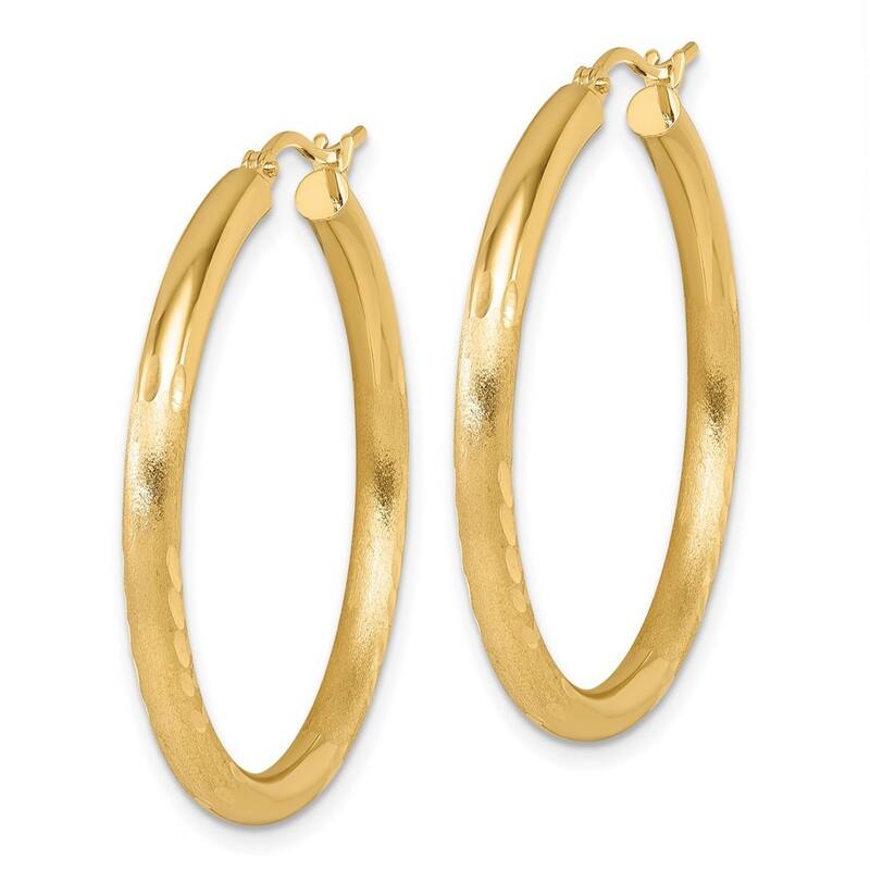 Curata 14k Yellow Gold Satin and Sparkle Cut Round Hoop Earrings - 35x35mm
